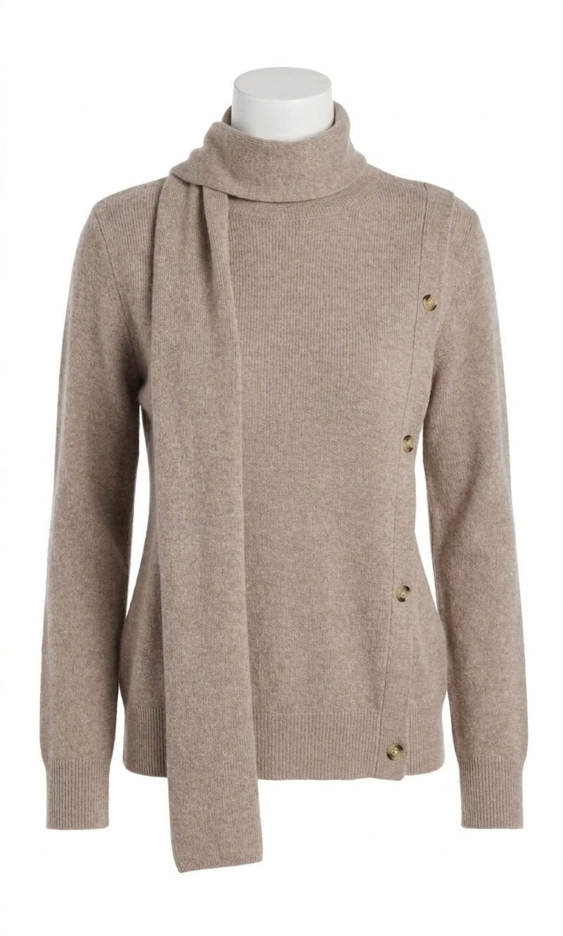 NEW GREYLIN acacia scarf neck asymmetric button up sweater in almond